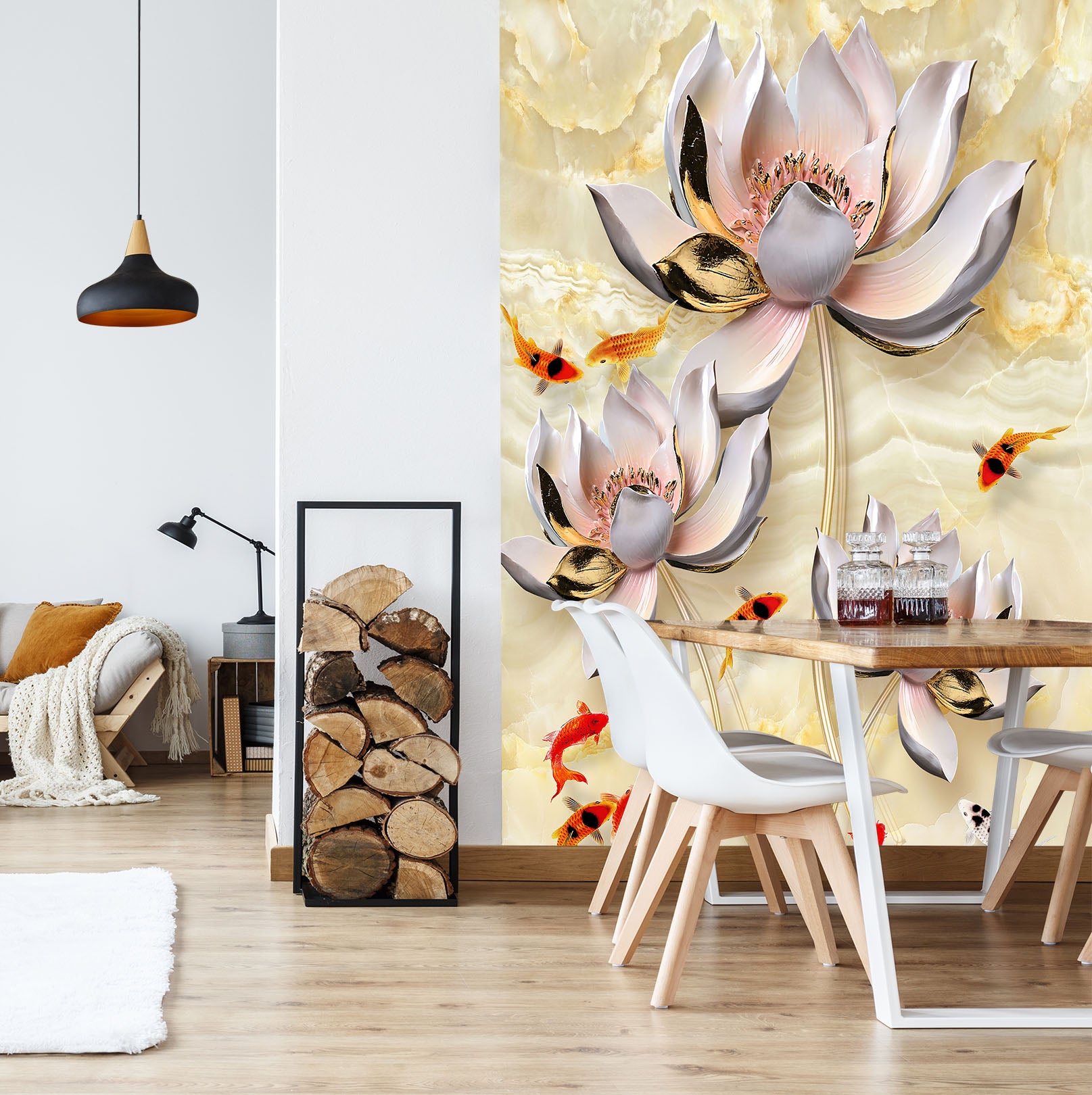 3D Swimming Fish Lotus 1865 Wall Murals