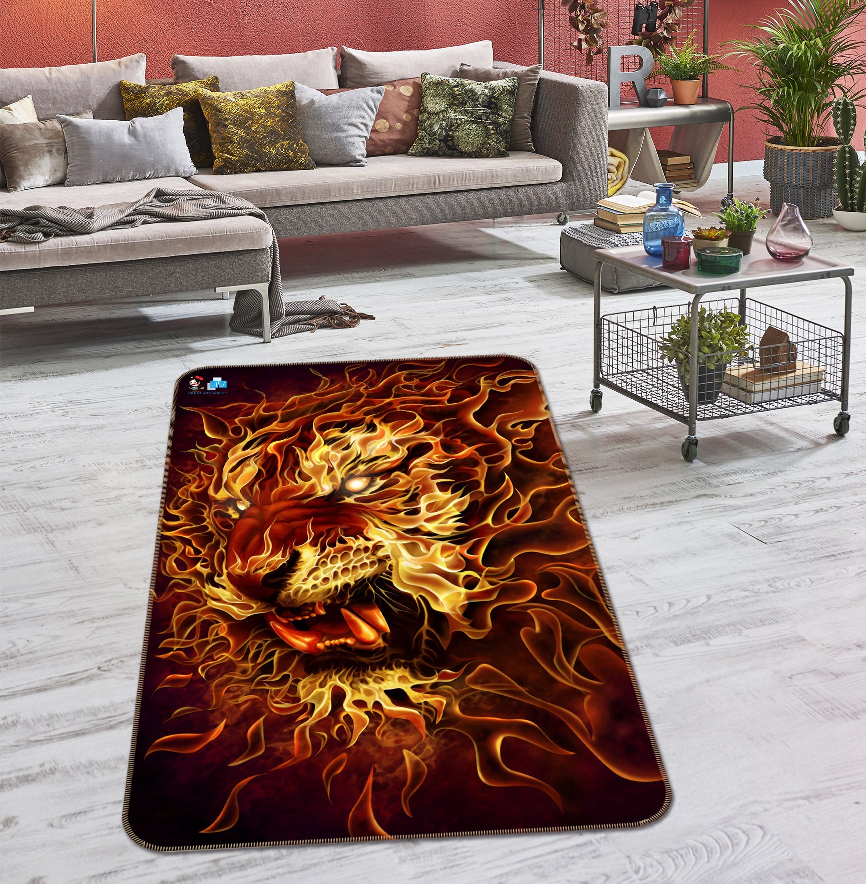 3D Flame Tiger 4140 Tom Wood Rug Non Slip Rug Mat