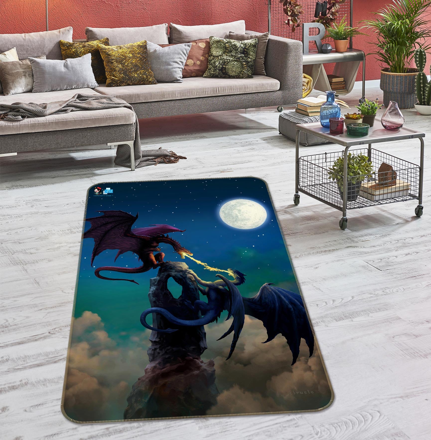 3D Night Two Dragons Moon Cloud 6046 Ciruelo Rug Non Slip Rug Mat