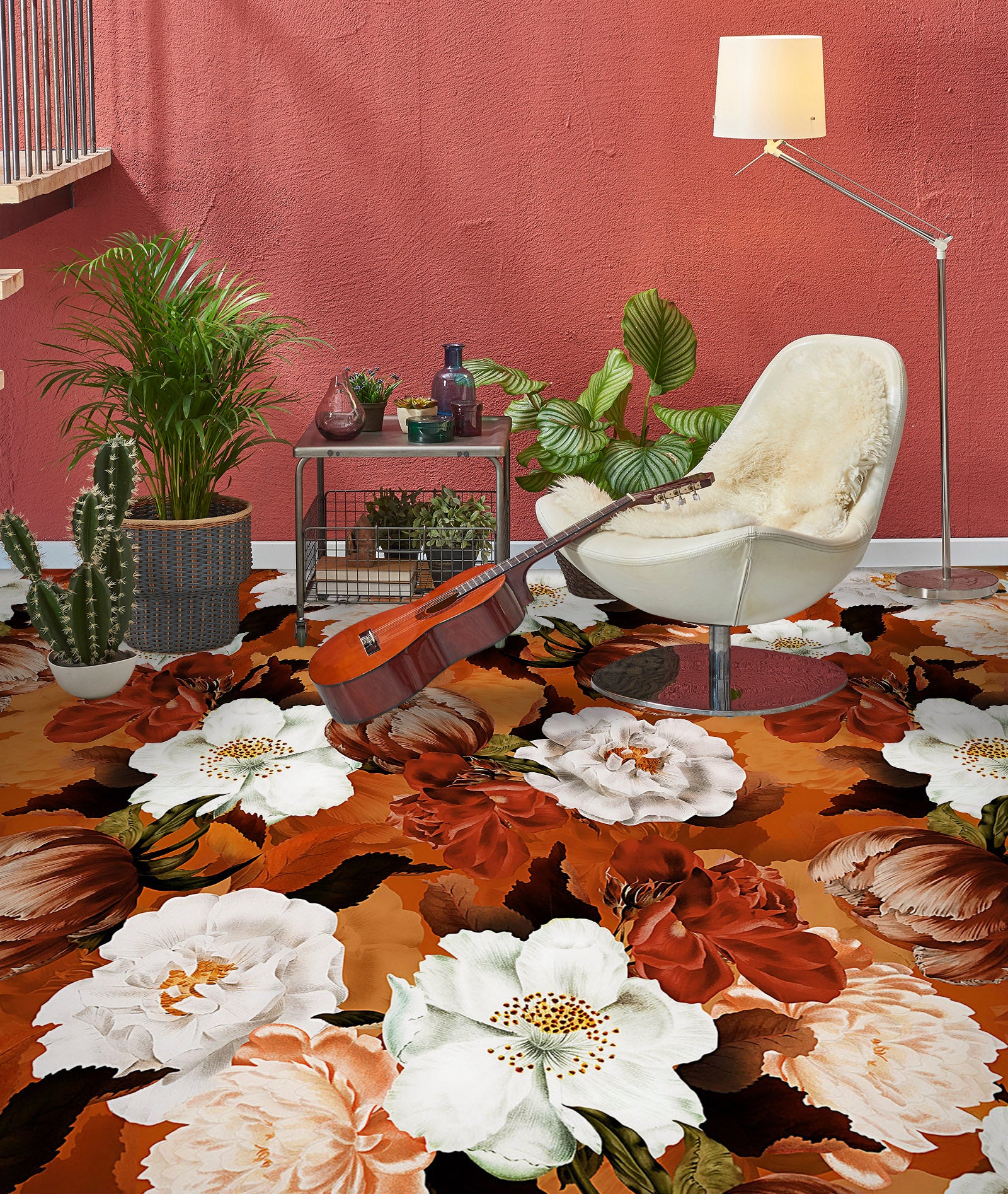 3D White Red Flower Pattern 99212 Uta Naumann Floor Mural