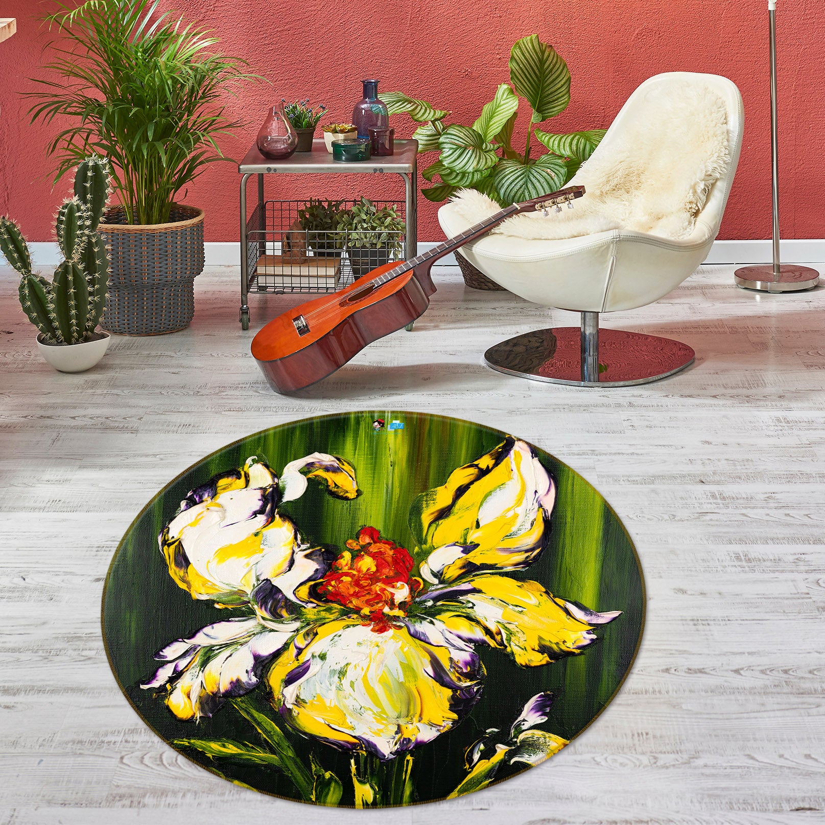 3D Yellow Flower 907 Skromova Marina Rug Round Non Slip Rug Mat