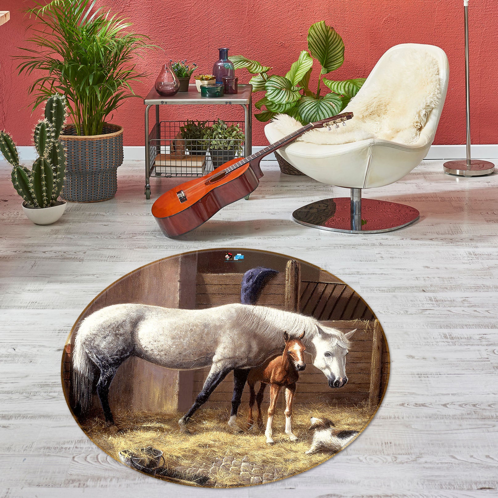 3D White Horse Meadow 034 Kevin Walsh Rug Round Non Slip Rug Mat