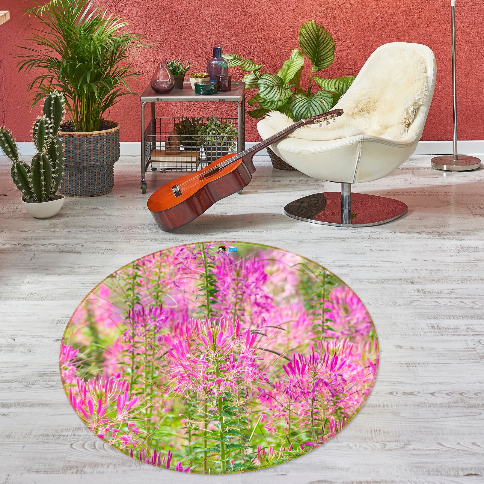 3D Pink Flowers 7567 Assaf Frank Rug Round Non Slip Rug Mat