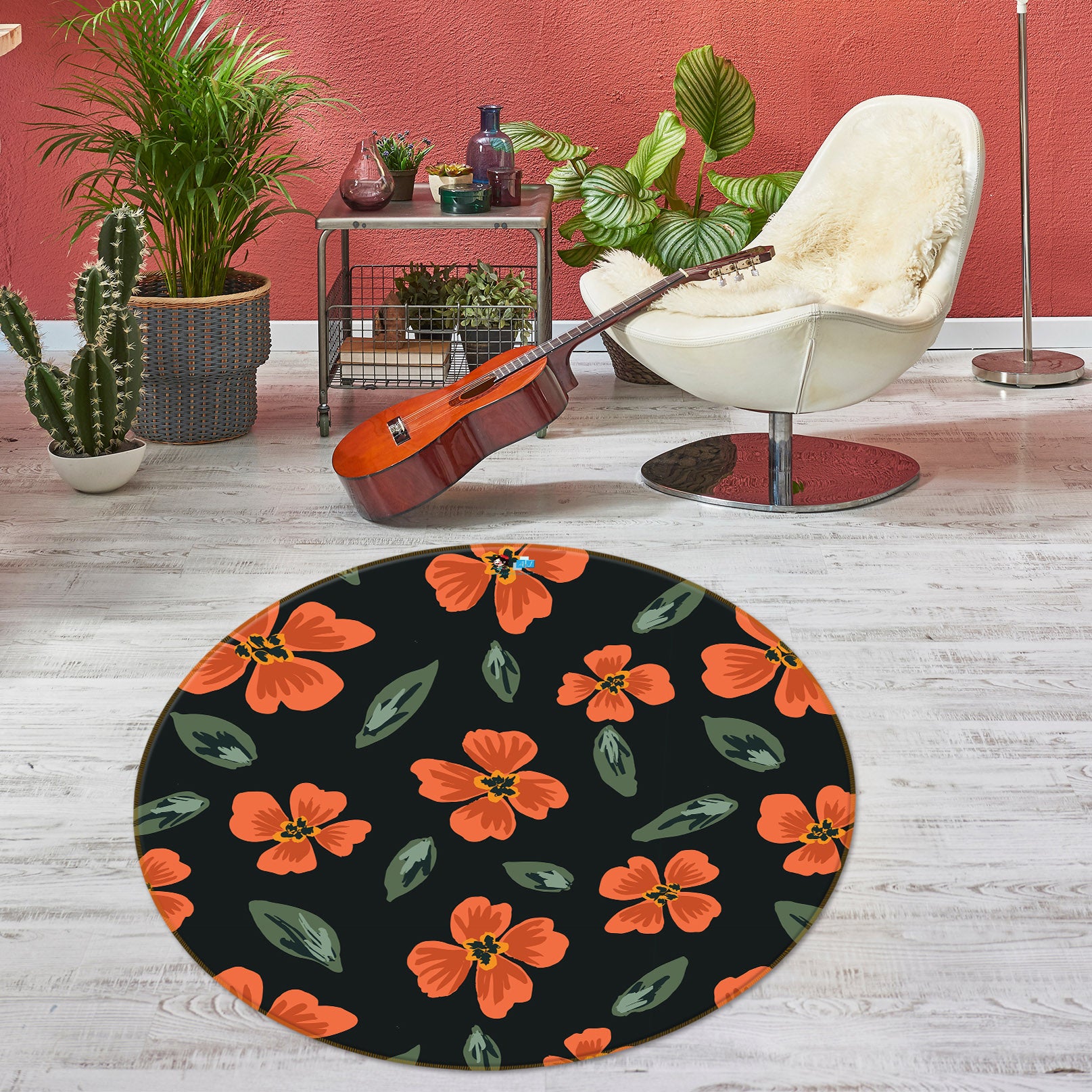 3D Orange Flowers 10535 Kashmira Jayaprakash Rug Round Non Slip Rug Mat