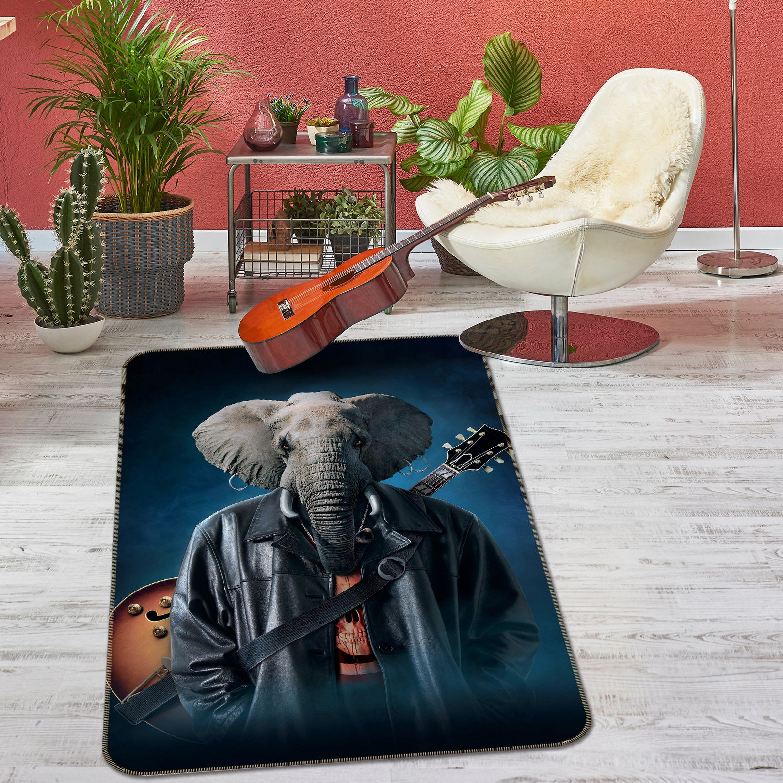 3D Elephant Guitarist 84223 Vincent Hie Rug Non Slip Rug Mat