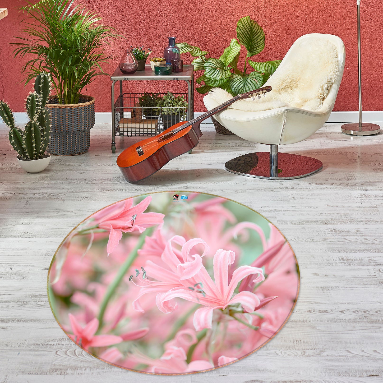 3D Bright Red Flower 7512 Assaf Frank Rug Round Non Slip Rug Mat