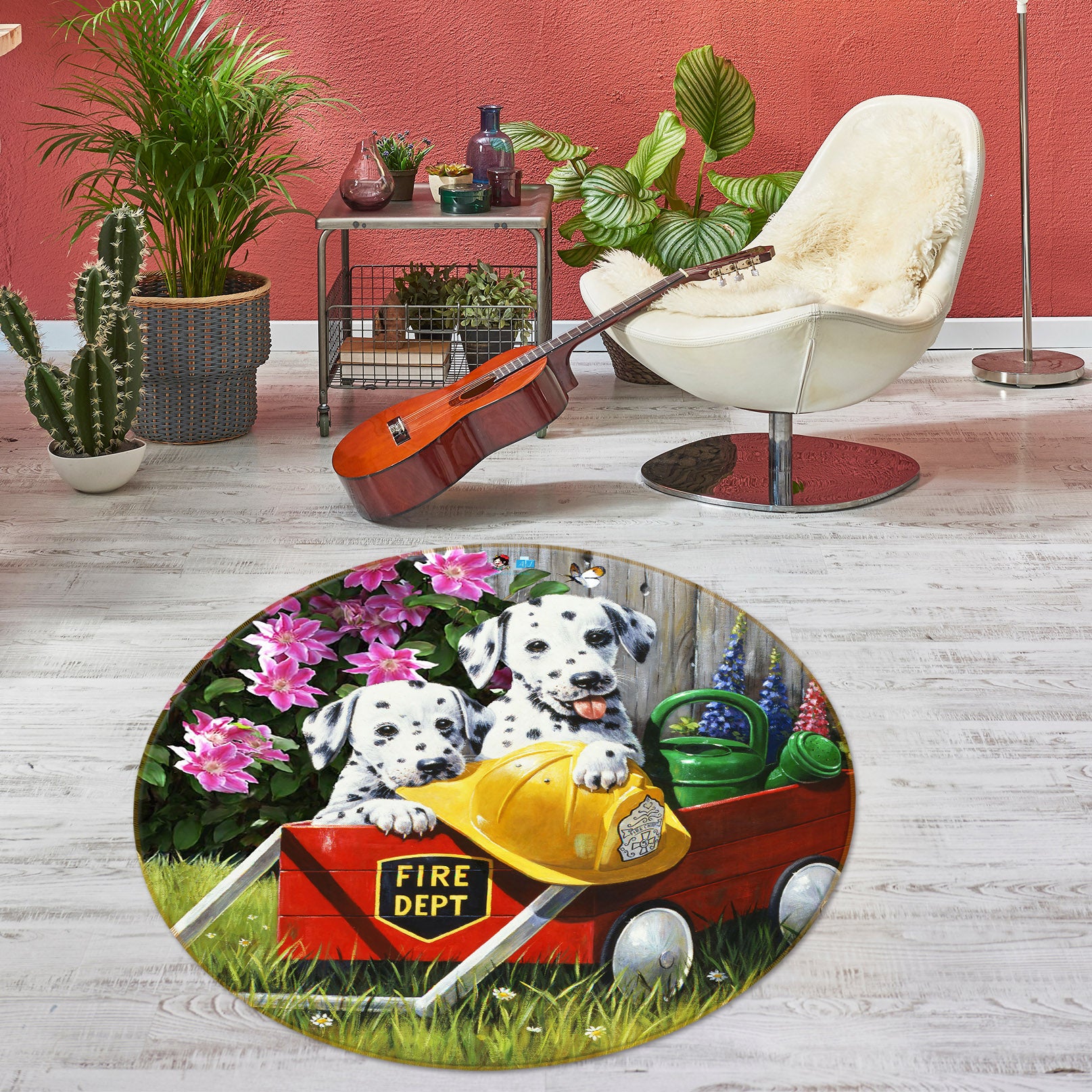 3D Dalmatian Flower 035 Kevin Walsh Rug Round Non Slip Rug Mat