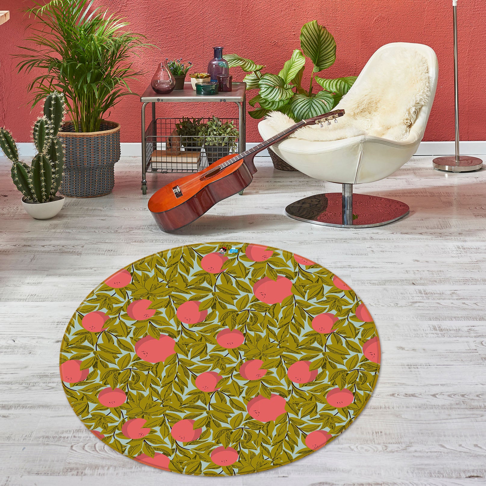 3D Leaves Red Flowers 10567 Kashmira Jayaprakash Rug Round Non Slip Rug Mat