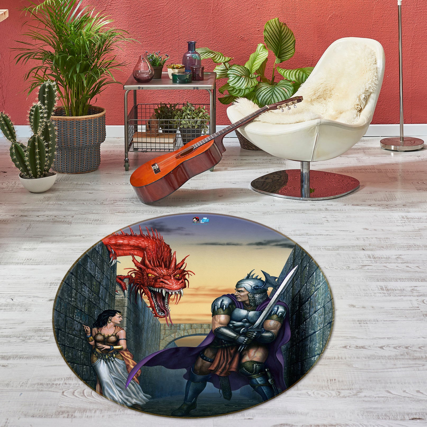 3D Red Dragon Soldier Woman 6072 Ciruelo Rug Round Non Slip Rug Mat