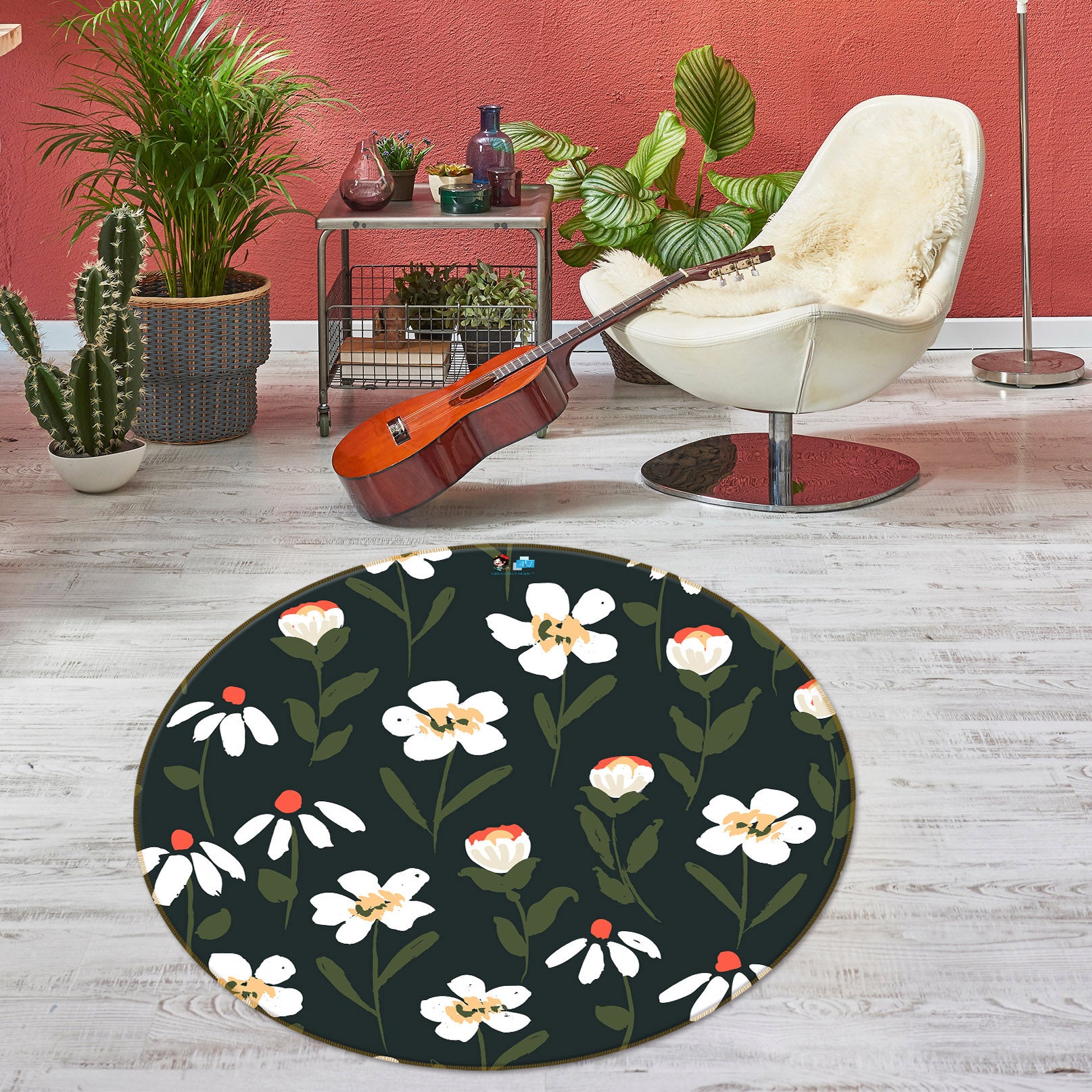 3D White Floral 10521 Kashmira Jayaprakash Rug Round Non Slip Rug Mat