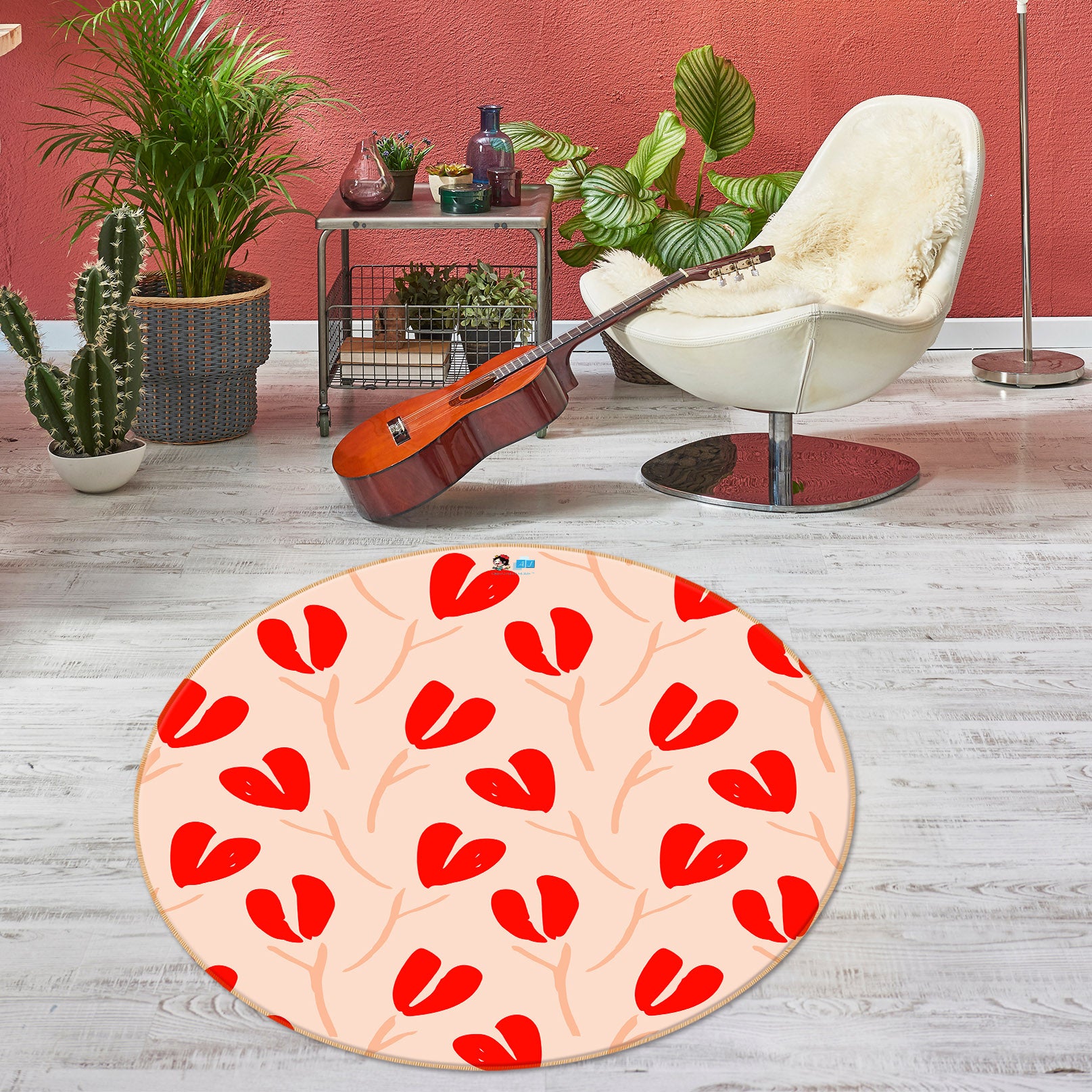 3D Red Heart Flower Pattern 10511 Kashmira Jayaprakash Rug Round Non Slip Rug Mat