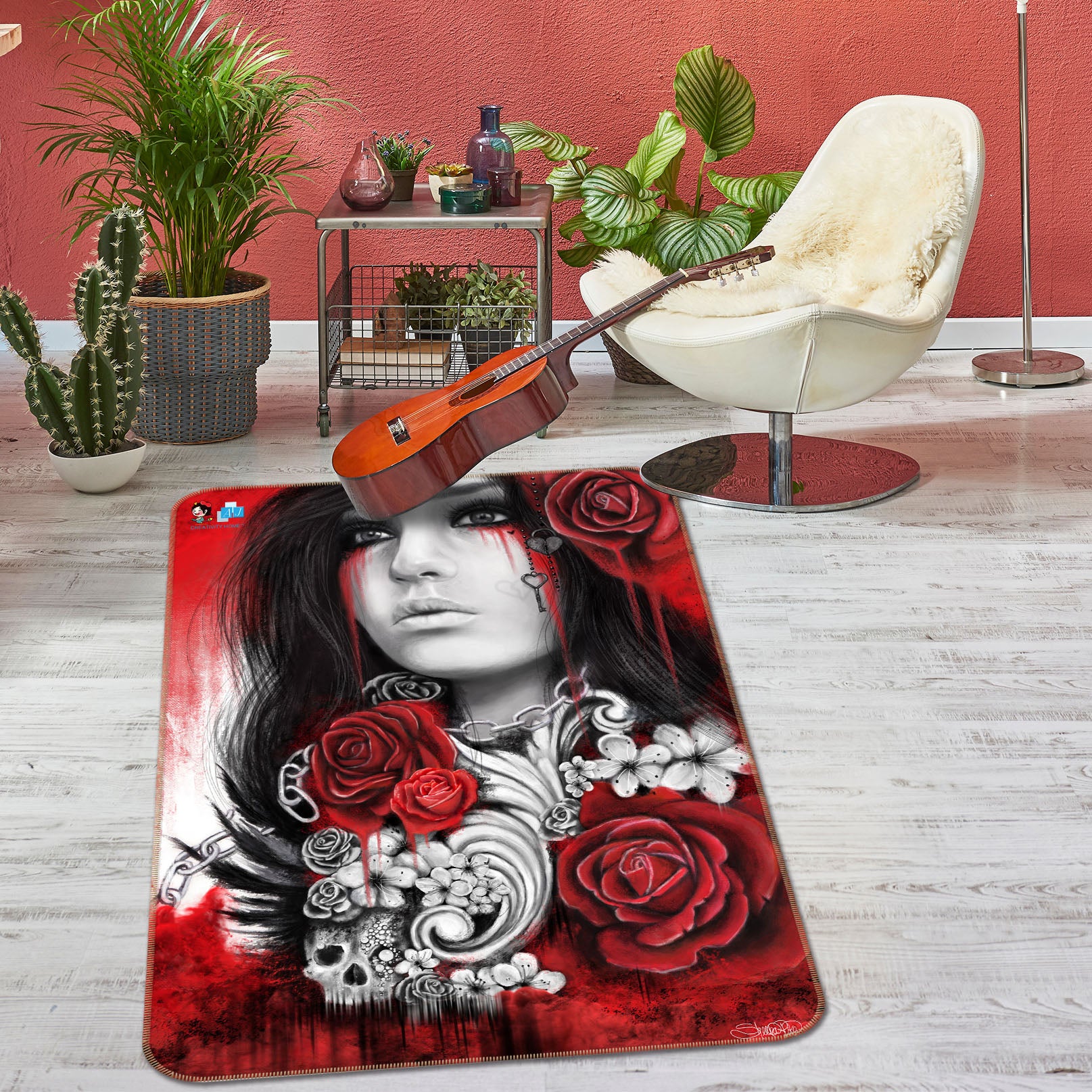 3D Rose Skull Woman 8548 Sheena Pike Rug Non Slip Rug Mat