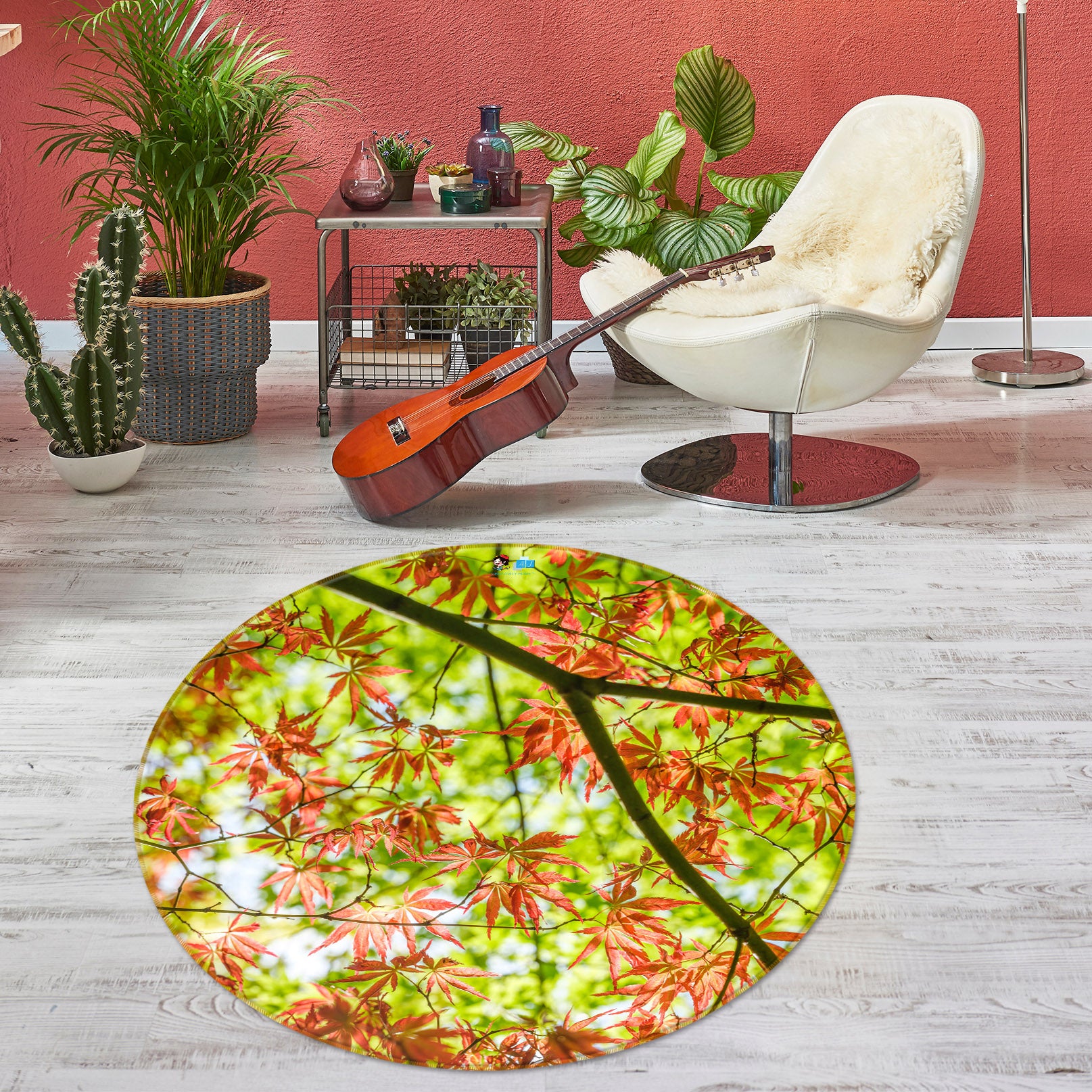 3D Red Maple Leaf 7403 Assaf Frank Rug Round Non Slip Rug Mat