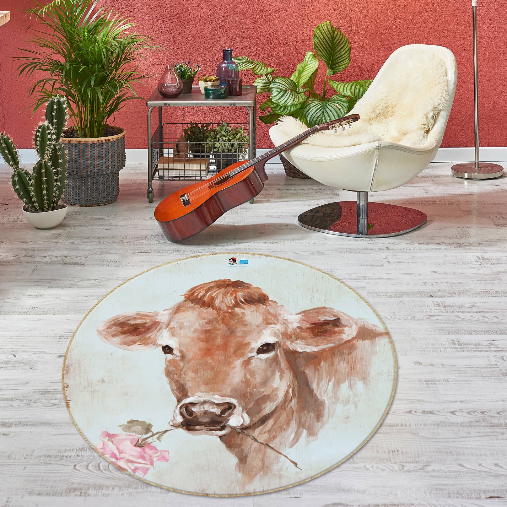 3D Cow With Flower 1150 Debi Coules Rug Round Non Slip Rug Mat