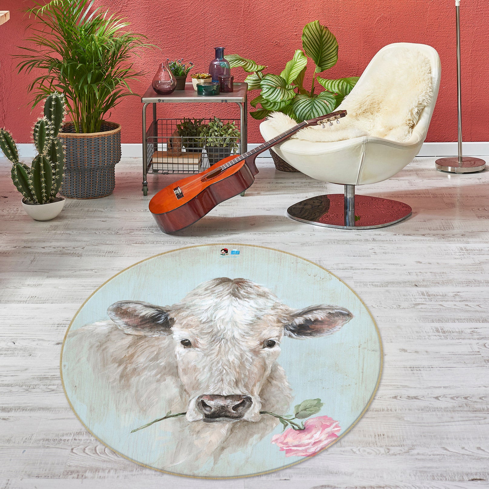 3D Flower Pink Cattle 2012 Debi Coules Rug Round Non Slip Rug Mat