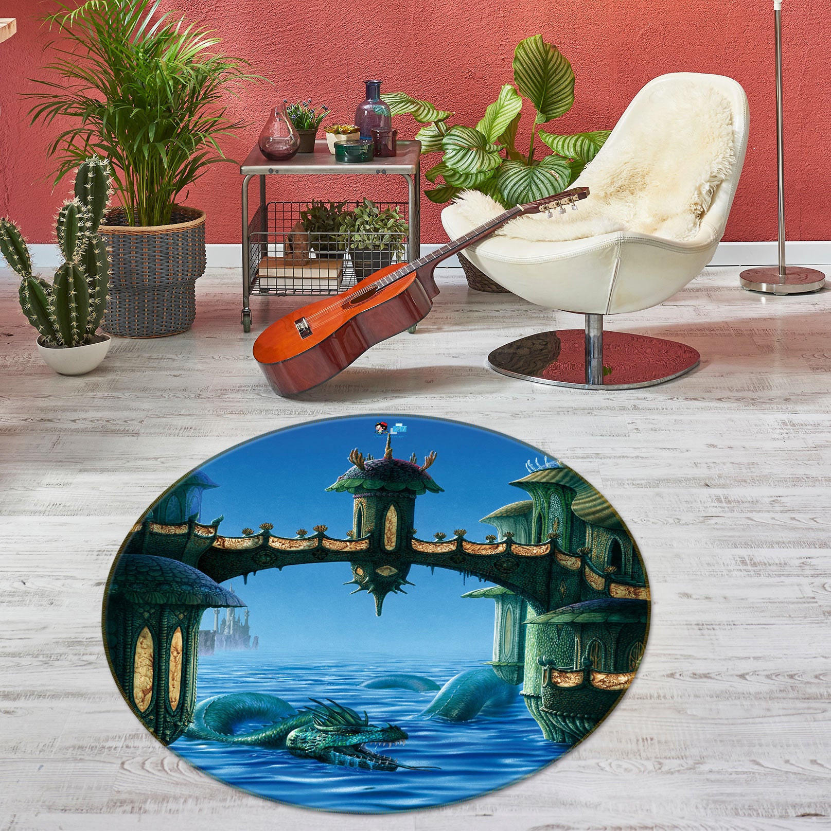 3D Blue Sea Dragon Bridge 6071 Ciruelo Rug Round Non Slip Rug Mat