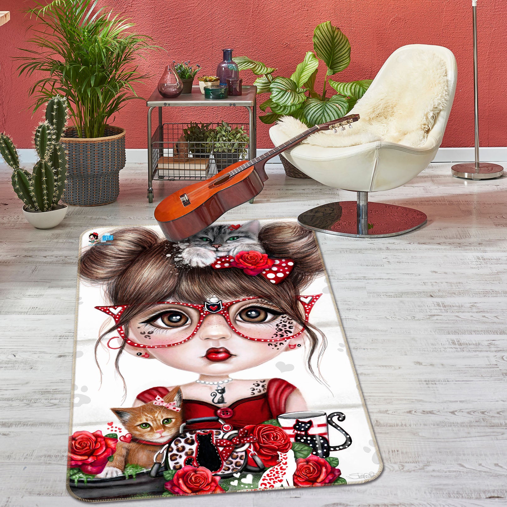 3D Red Rose Girl 8531 Sheena Pike Rug Non Slip Rug Mat