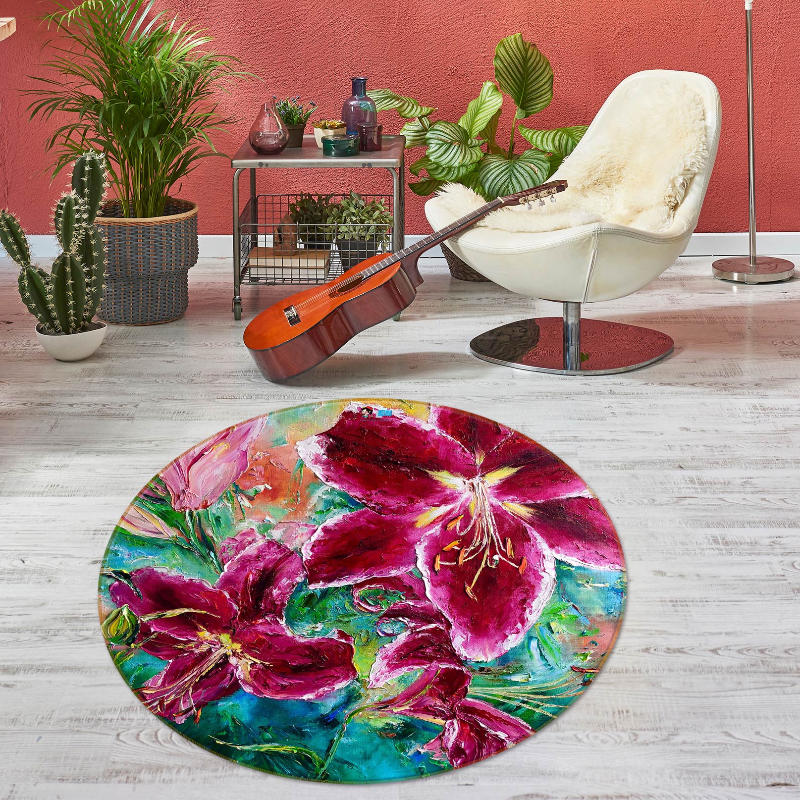 3D Rose Red Lily 797 Skromova Marina Rug Round Non Slip Rug Mat