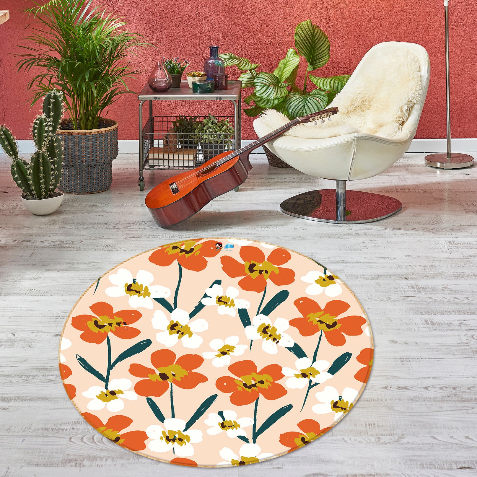 3D Red White Flowers Pattern 10512 Kashmira Jayaprakash Rug Round Non Slip Rug Mat