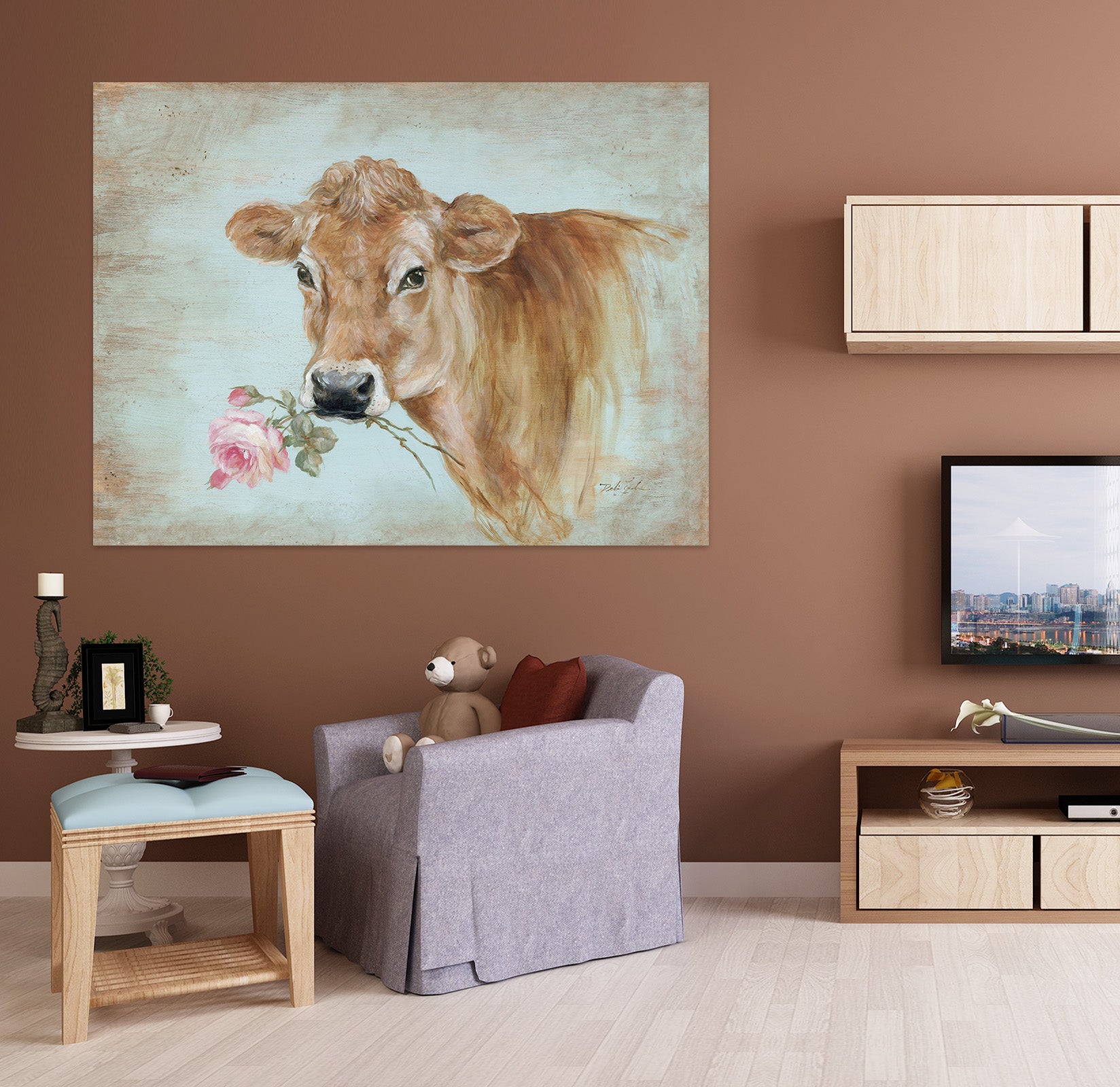 3D Cow Flowers 075 Debi Coules Wall Sticker