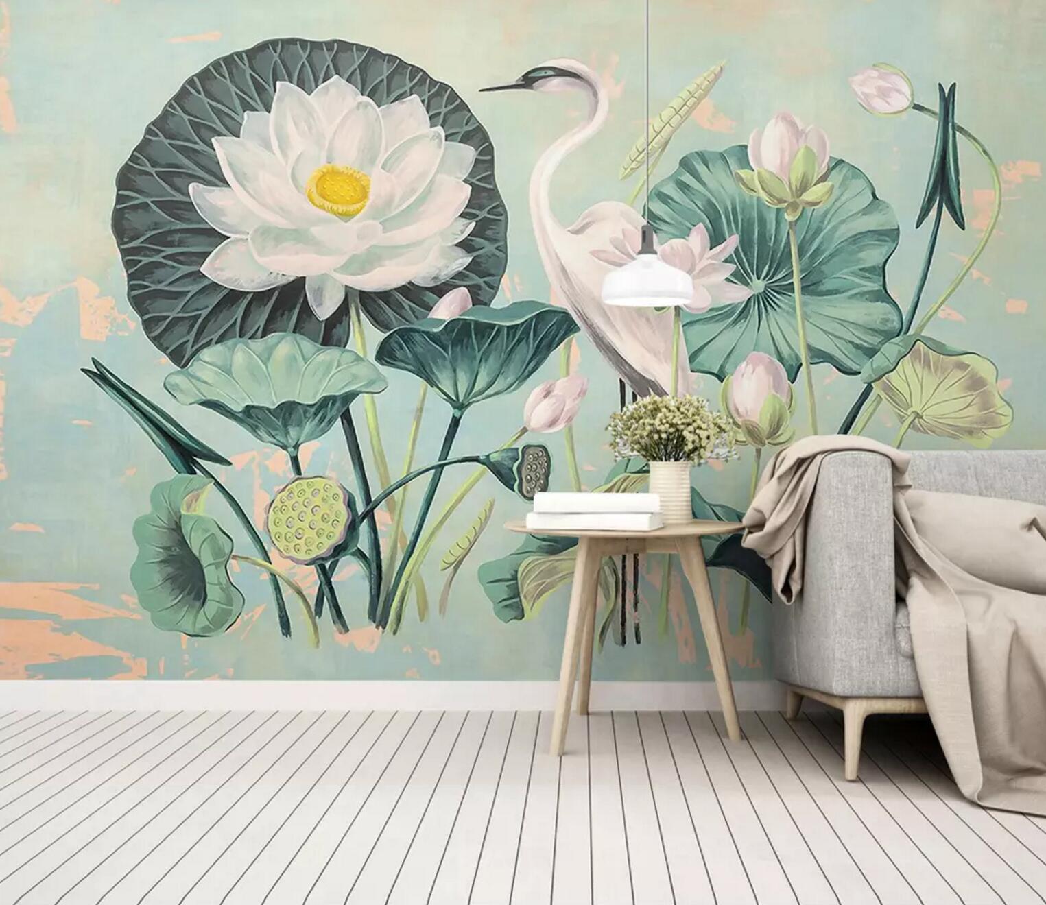 3D White Crane Lotus WC662 Wall Murals