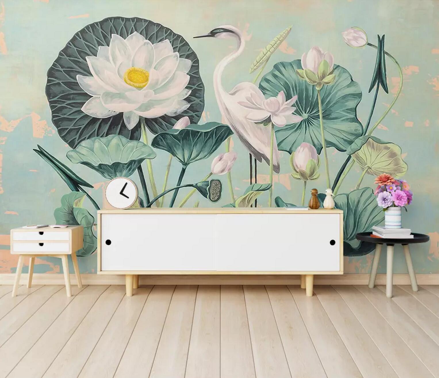 3D White Crane Lotus WC662 Wall Murals