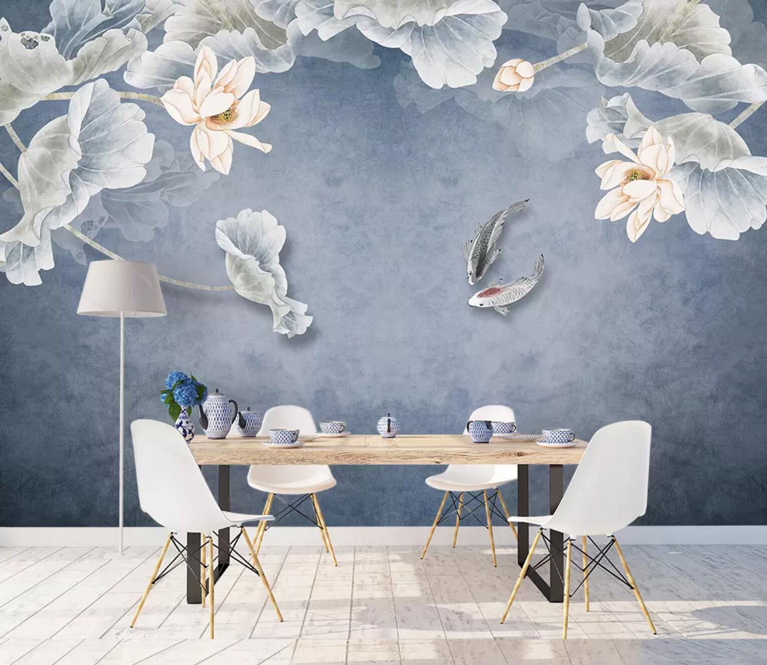 3D White Lotus Fish WC736 Wall Murals