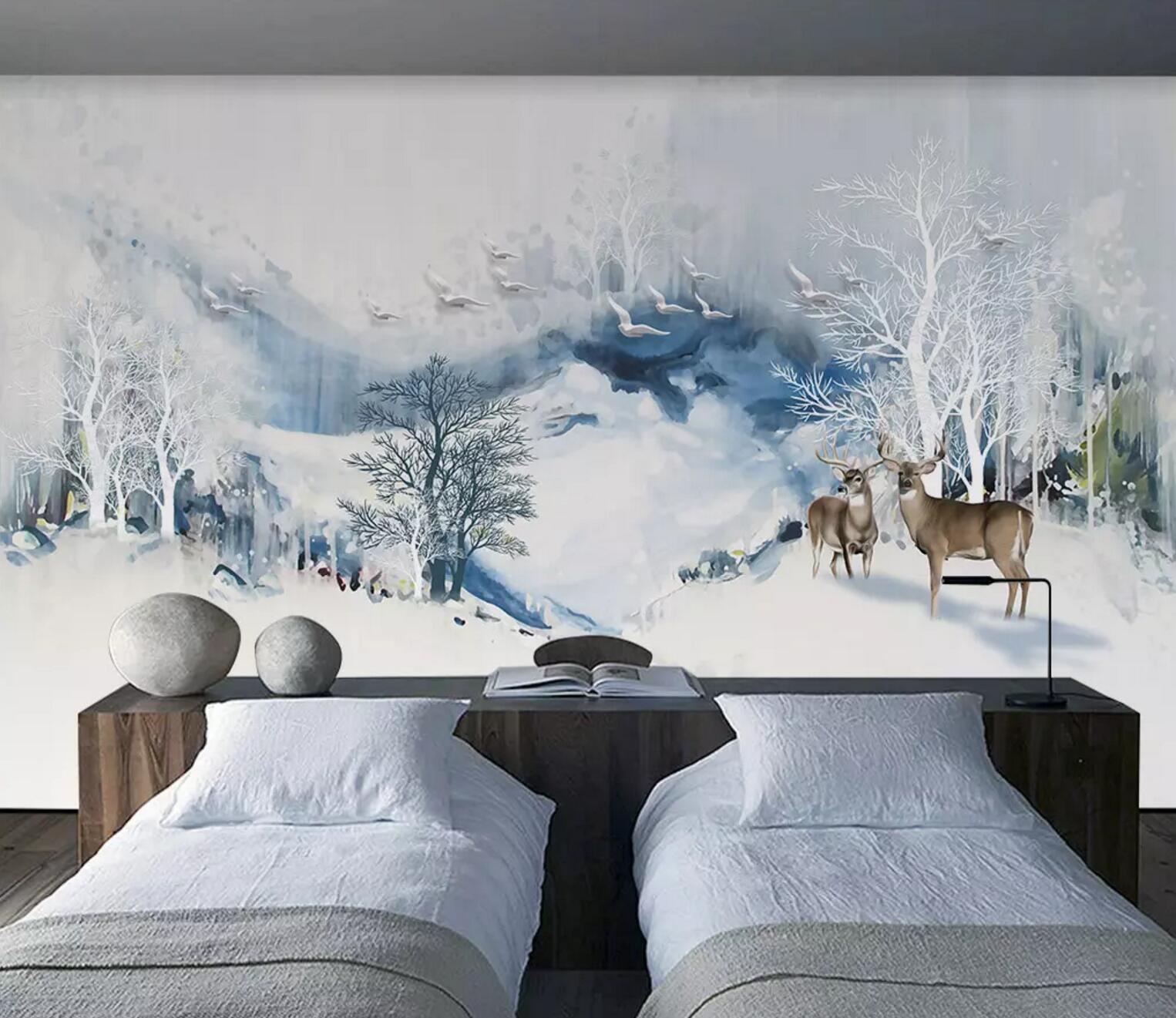 3D White Tree Pigeon Deer WC681 Wall Murals