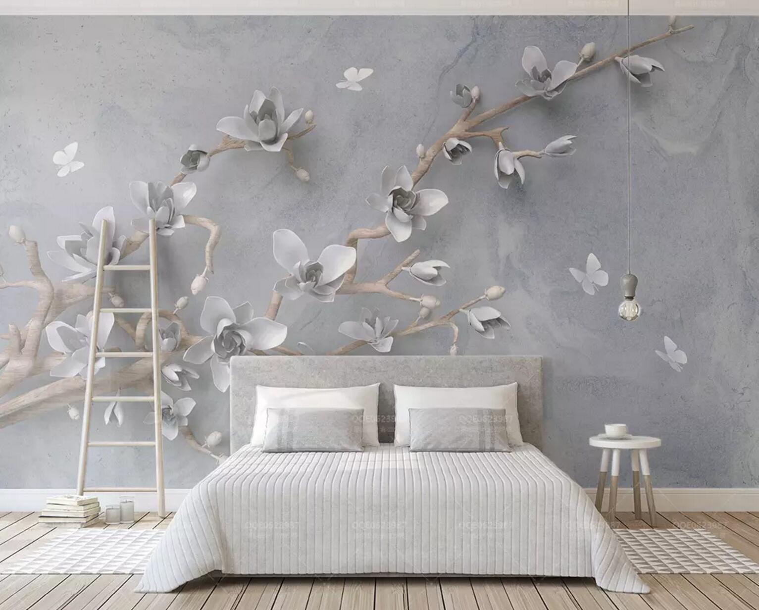 3D White Plum Butterfly WC709 Wall Murals