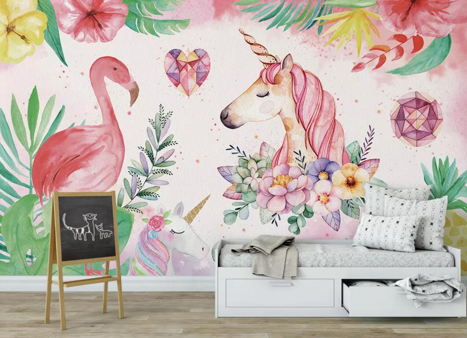 3D Unicorn Flamingo WC631 Wall Murals