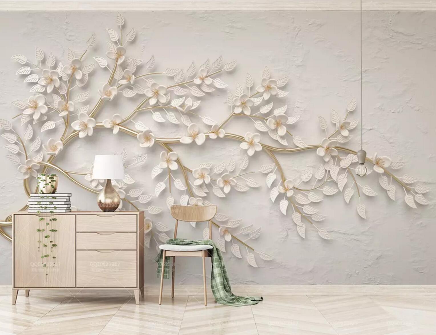 3D White Tree Leaves WC792 Wall Murals