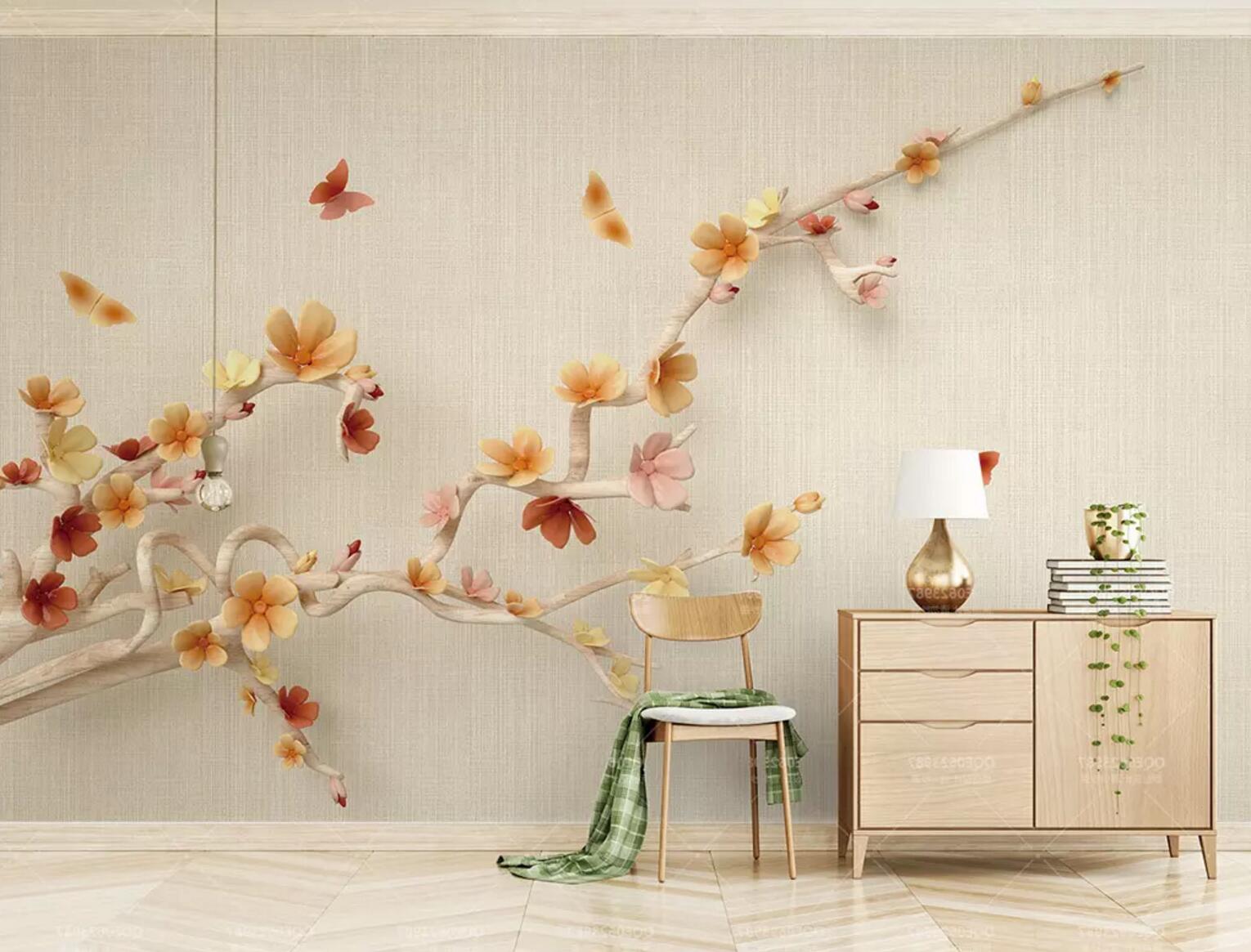 3D Yellow Plum Butterfly WC673 Wall Murals