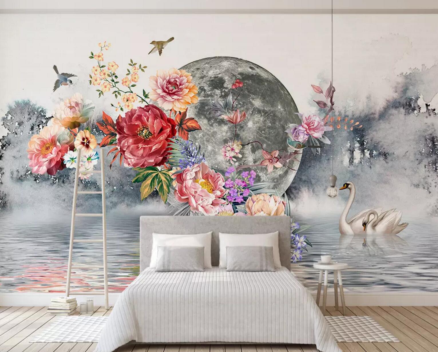 3D Moon Swan Flower WC604 Wall Murals