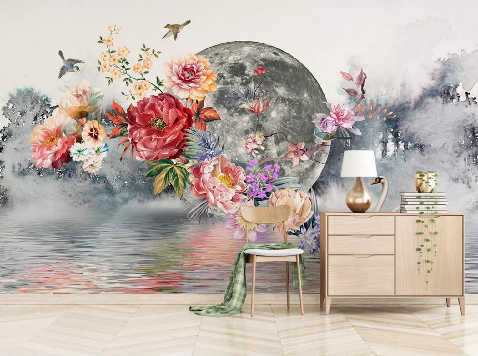 3D Moon Swan Flower WC604 Wall Murals