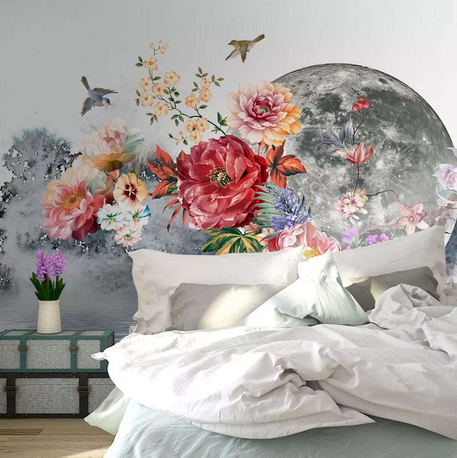 3D Moon Swan Flower WC604 Wall Murals