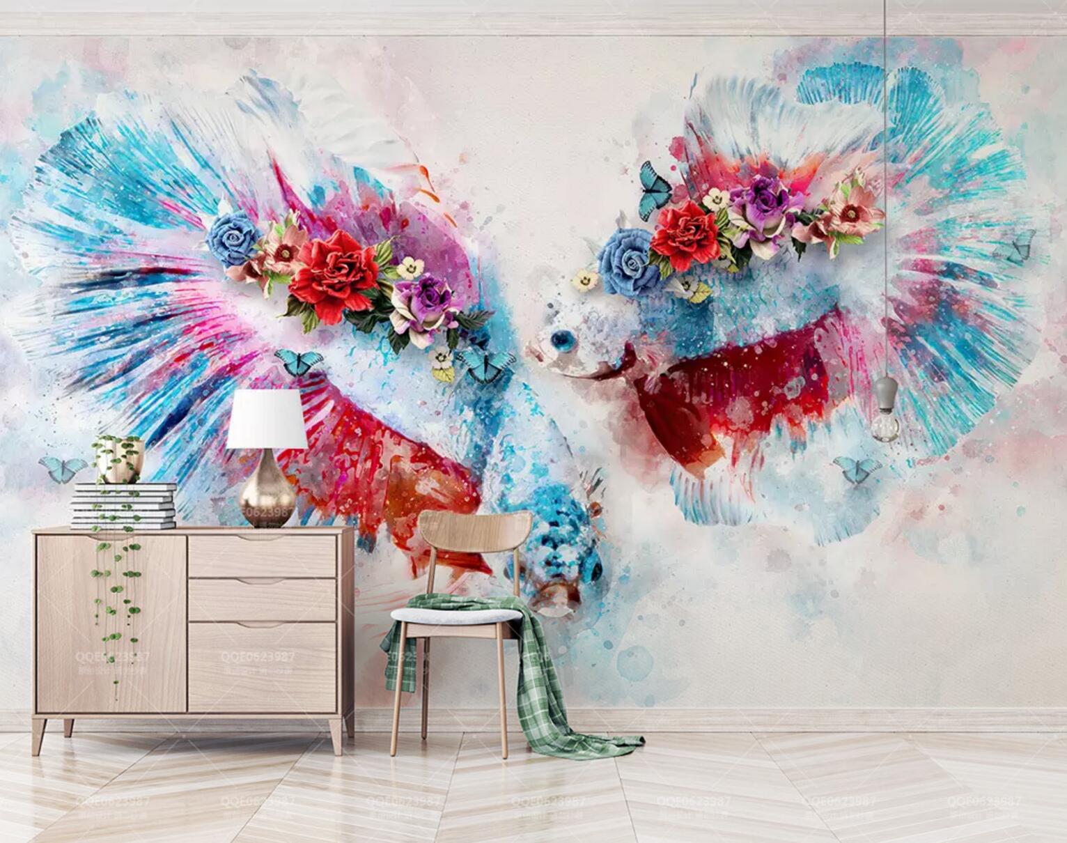 3D Blue Fish Rose WC690 Wall Murals