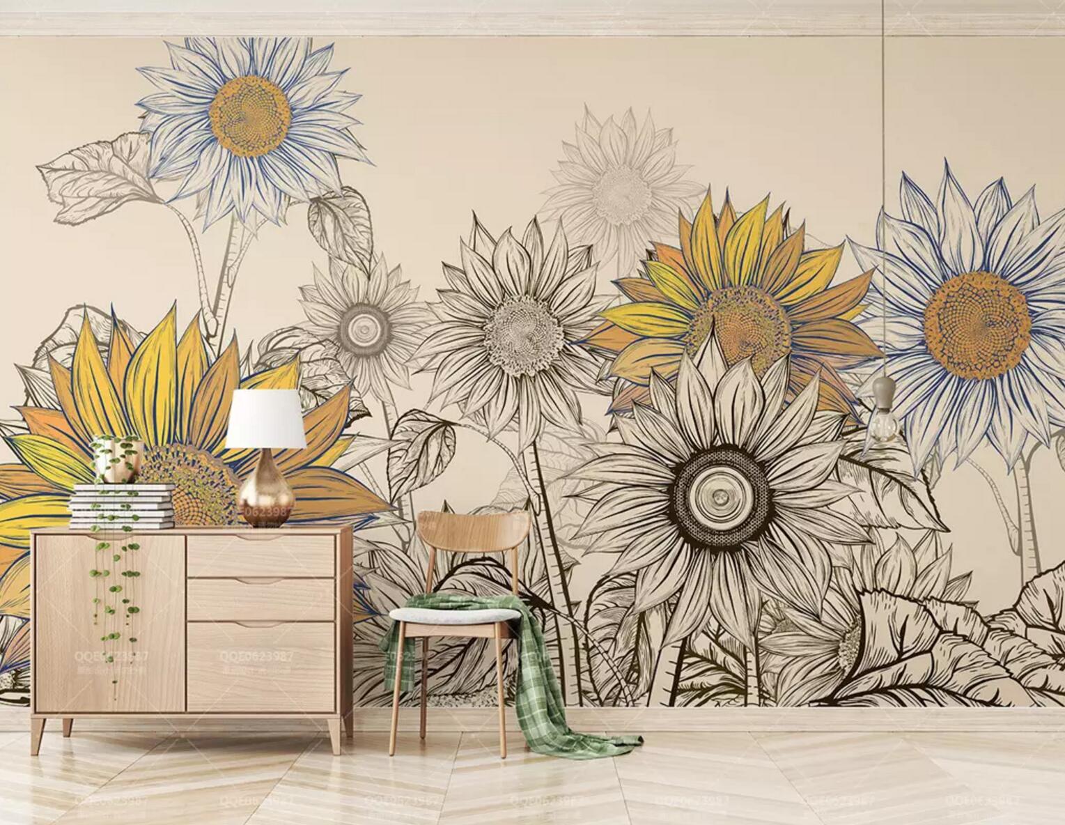 3D Sketch Sunflower WC450 Wall Murals