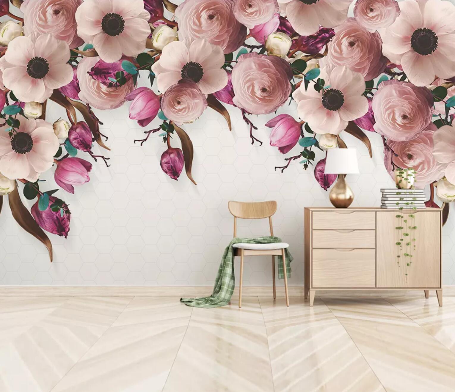 3D Lush Pink Flowers WC401 Wall Murals