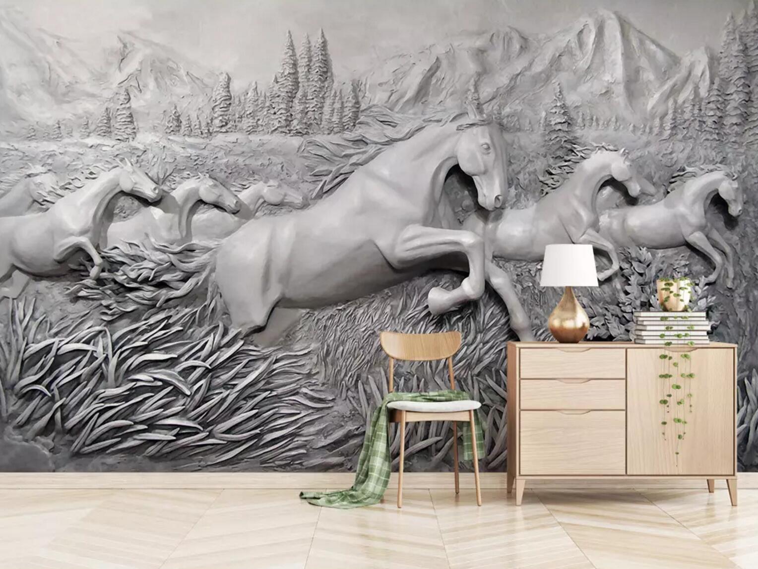 3D White Horse Jumping WC577 Wall Murals