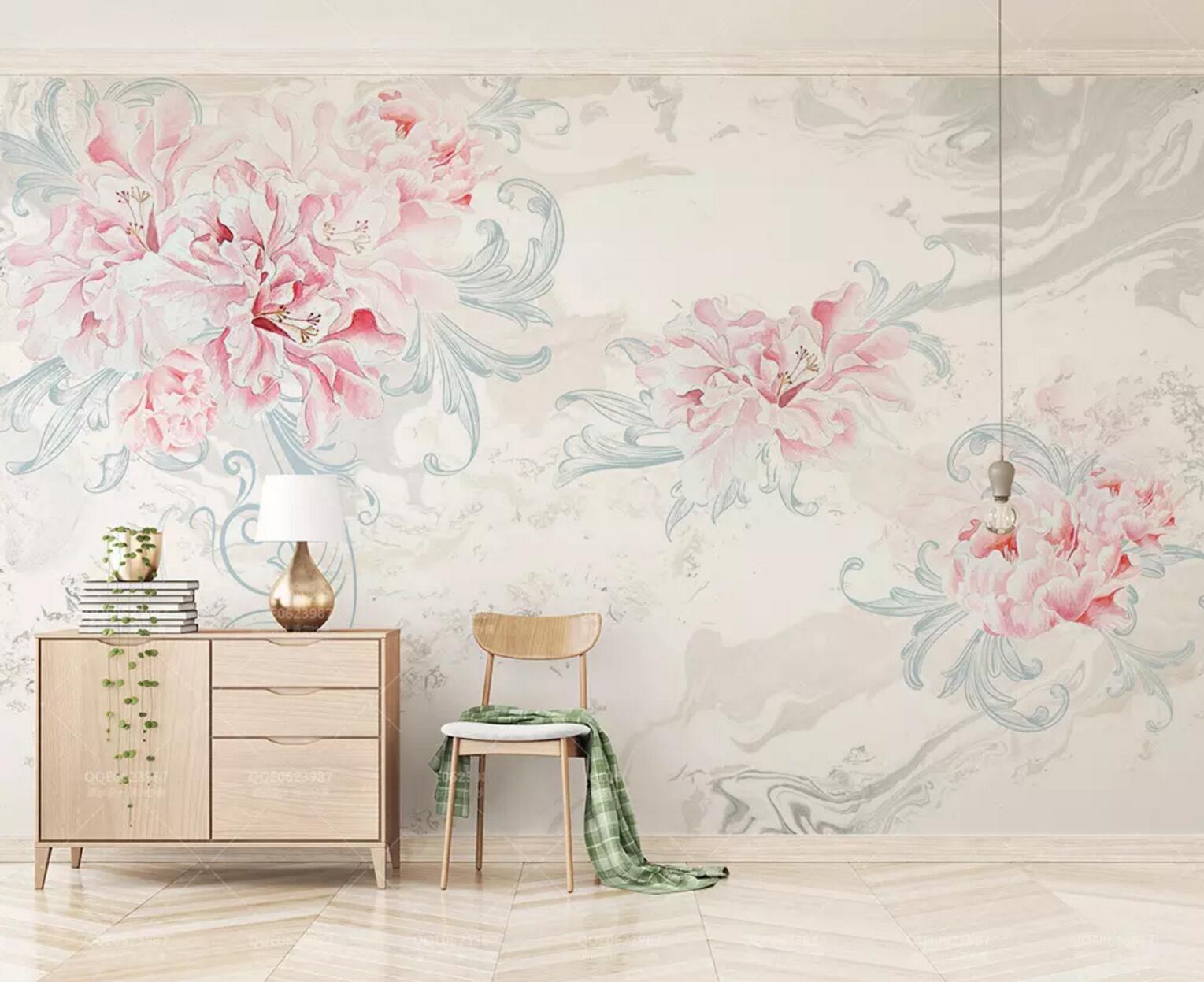 3D Pink Peony Painting WC578 Wall Murals