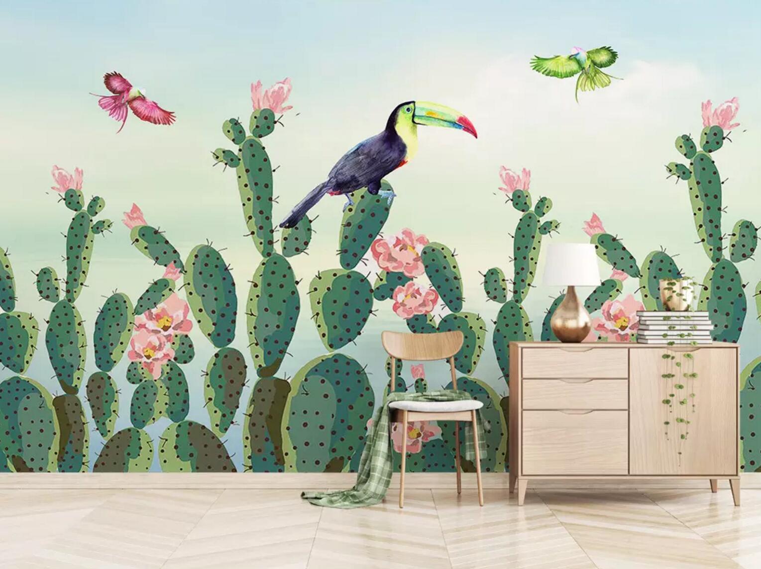 3D Toucan Cactus Flower WC654 Wall Murals