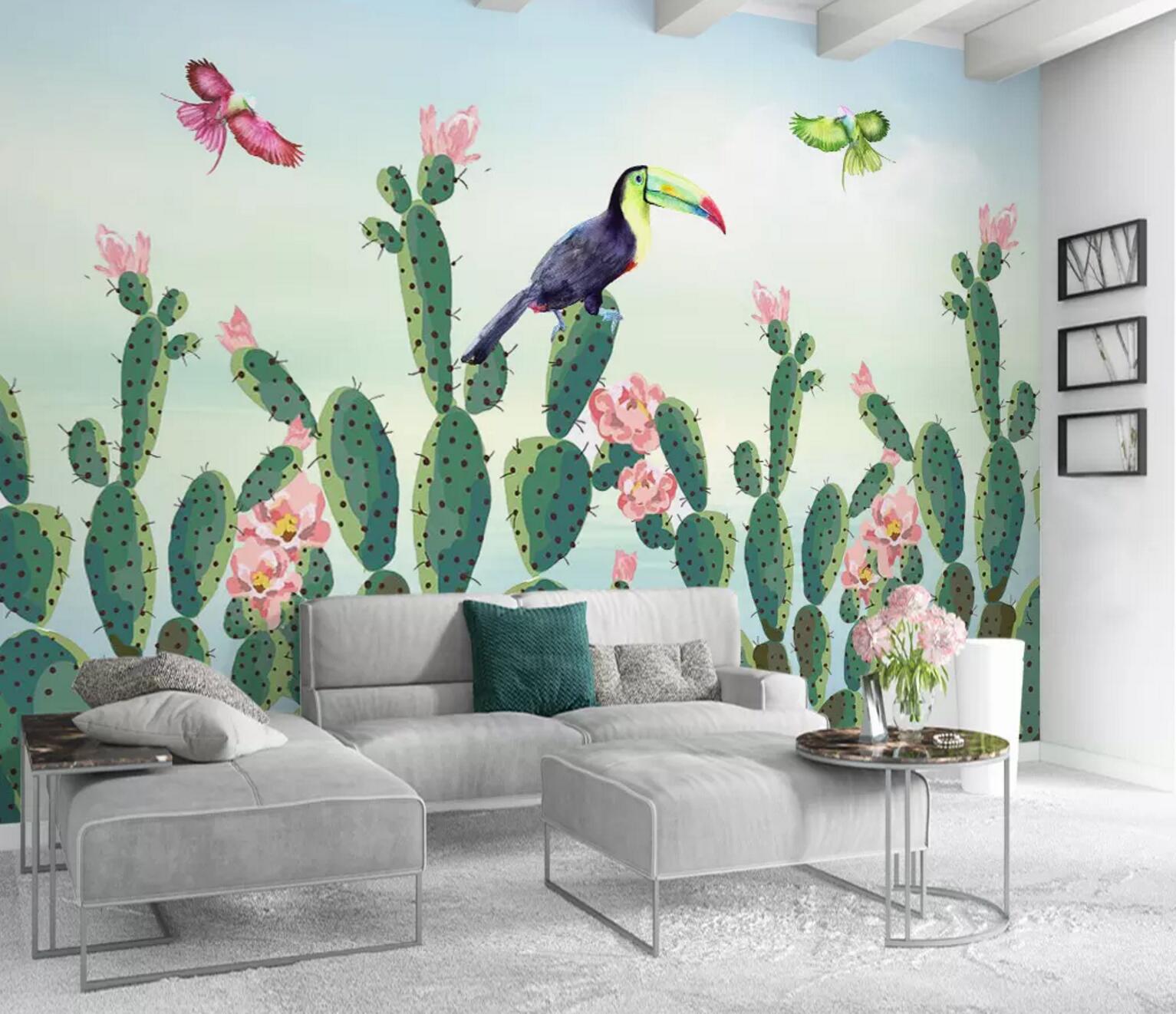 3D Toucan Cactus Flower WC654 Wall Murals