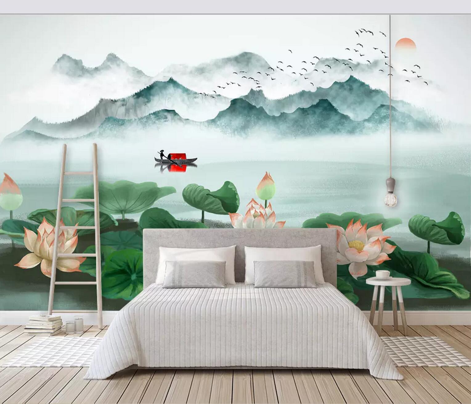 3D Lotus Boat Valley WC774 Wall Murals