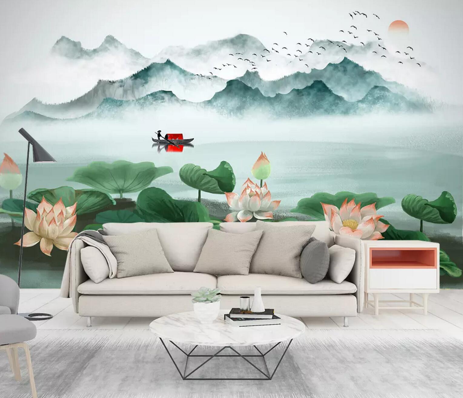 3D Lotus Boat Valley WC774 Wall Murals