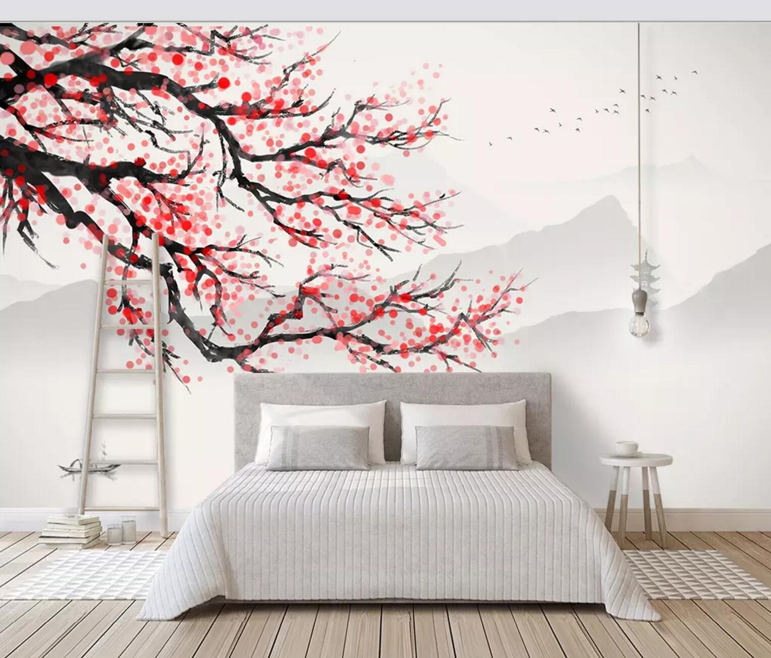 3D Temple Red Plum WC795 Wall Murals