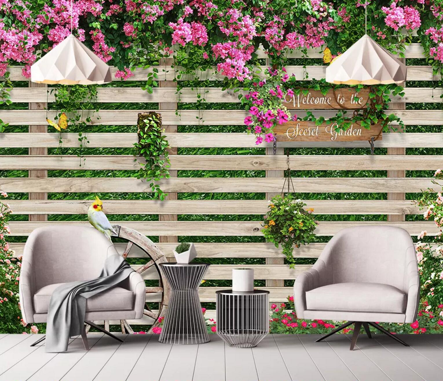 3D Fence Parrot Flower WC616 Wall Murals