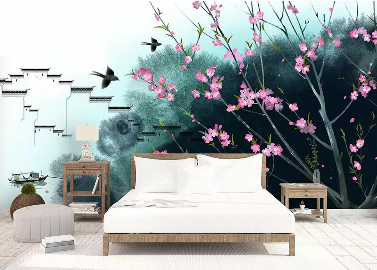 3D Plum Swallow WC593 Wall Murals