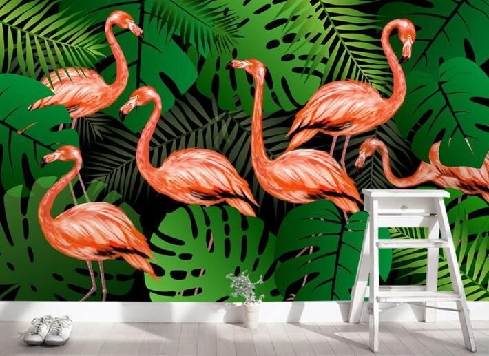 3D Flamingo Leaves WC750 Wall Murals