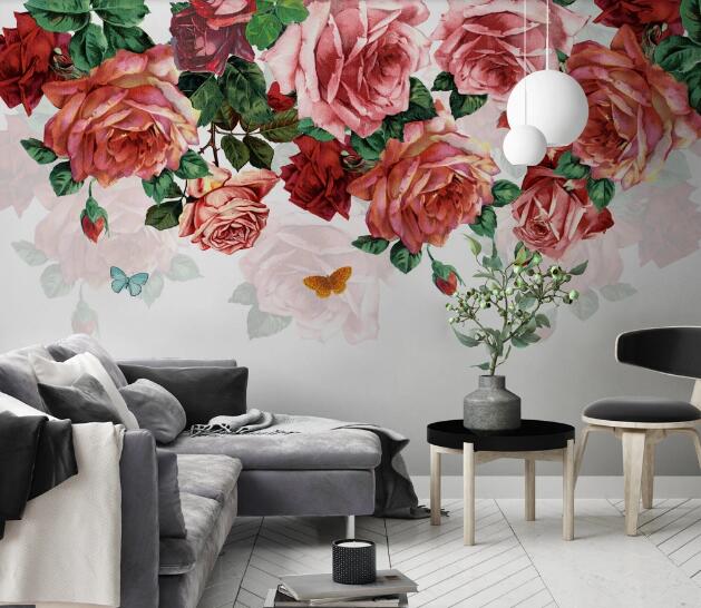 3D Red Rose Leaves WC1201 Wall Murals