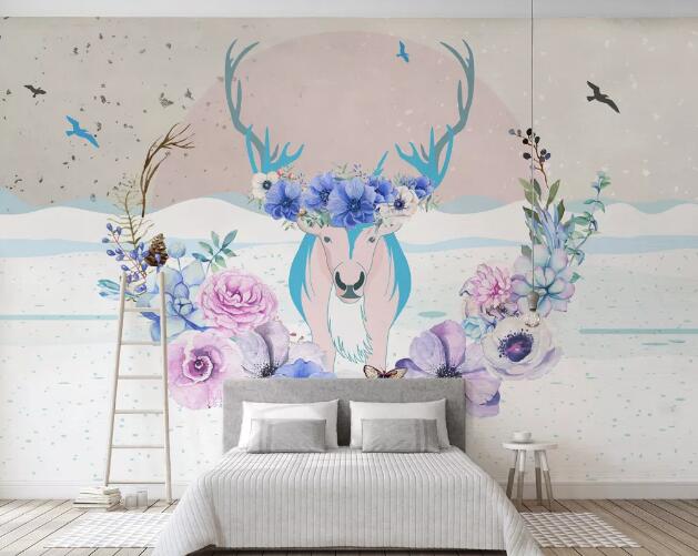 3D Pink Deer Flower WC893 Wall Murals